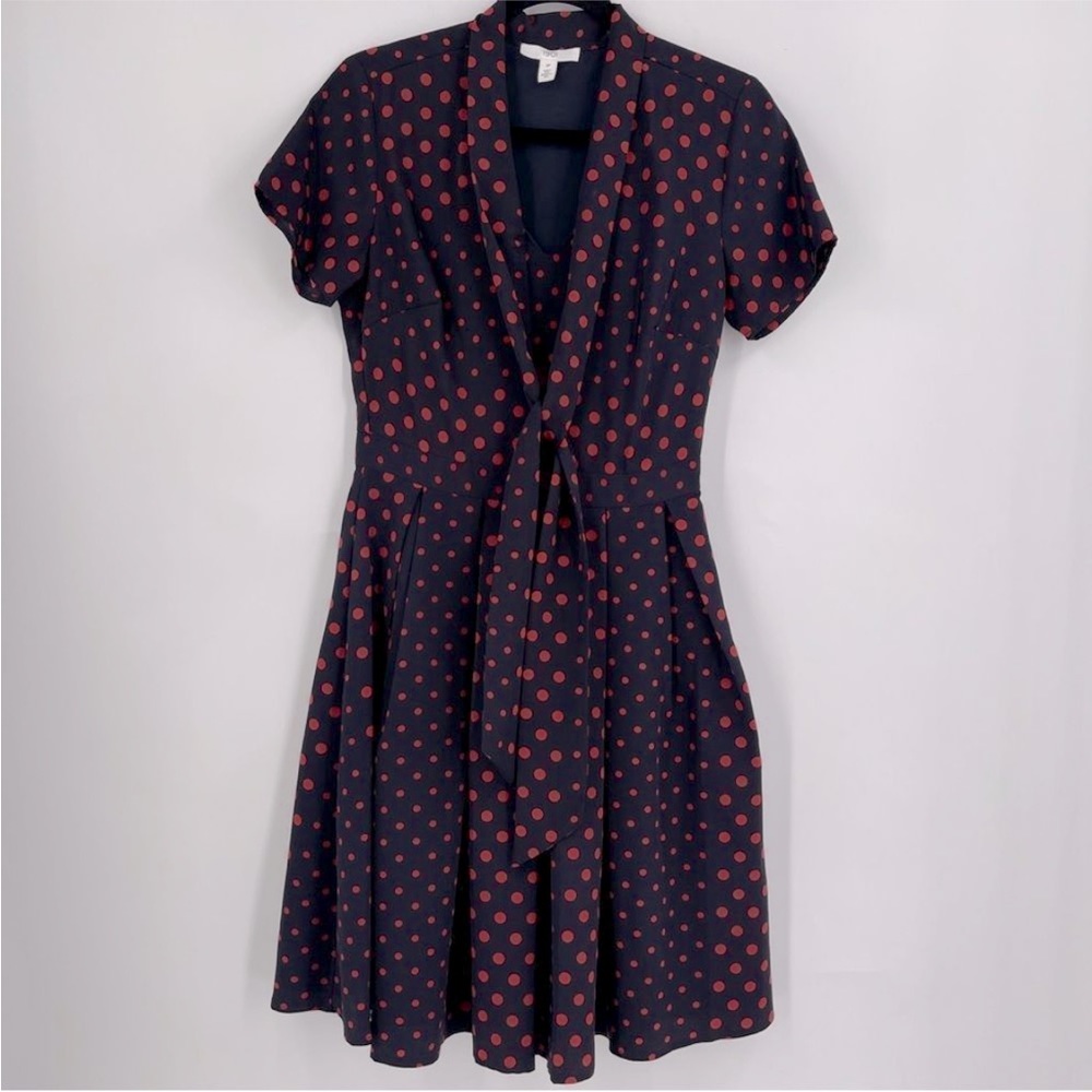Navy Blue & Red Polka Dot Tie Neck Short Sleeve Pleated Bow Dress Small 1901